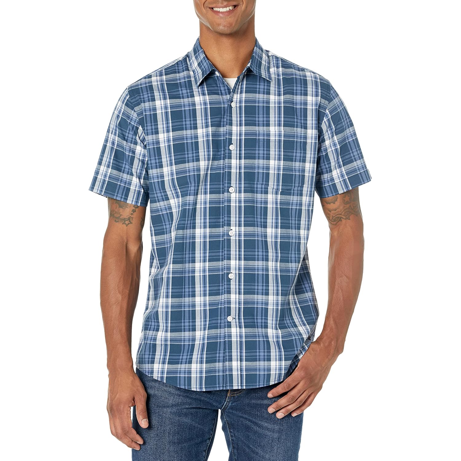 Amazon Essentials Men'S Regular-Fit Short-Sleeve Poplin Shirt, Collared, Washed