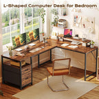 63 Inch L Shaped Desk With Power Outlets And Usb-C Port, Computer Corner Home Office Desk With File Fabric Drawers And Movable Monitor Stand, Larger Storage, Gaming, Writing, Rustic Brown