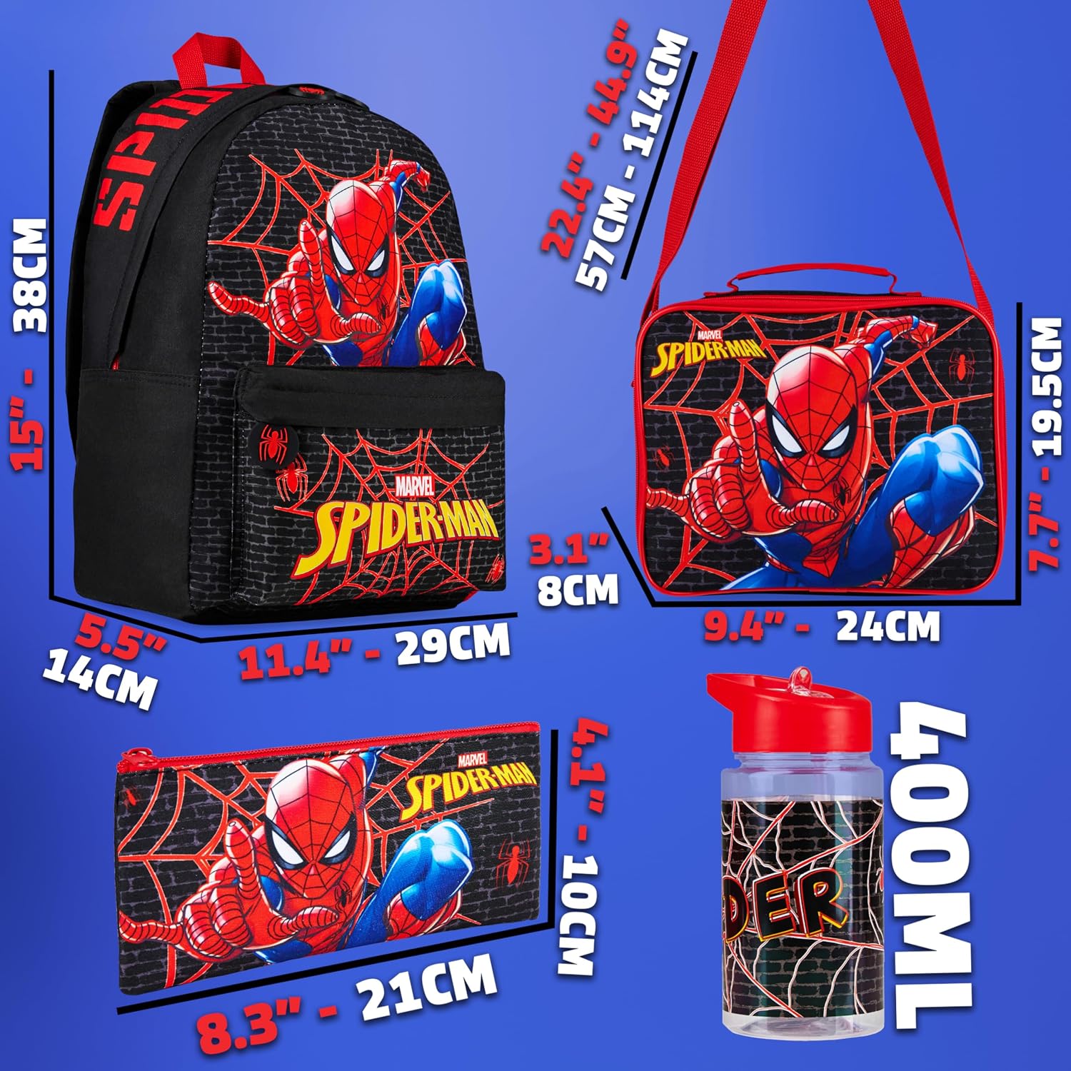 Marvel Spiderman Backpack Lunch Box Water Bottle Pencil Case 4 Pc Set For Boys Girls Bookbag Picnic Backpacks Gifts For Kids