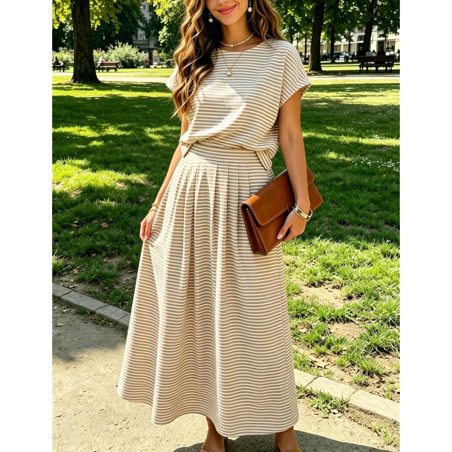 Zontroldy Women'S Summer 2 Piece Outfits Striped Skirt Sets Cap Sleeve Crop Top Midi Dress Matching Travel Outfits