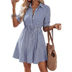 Mascomoda Womens Puff Short Sleeve Striped Mini Summer Dress Spring Casual V Neck Button Down A Line Short Work Shirt Dresses