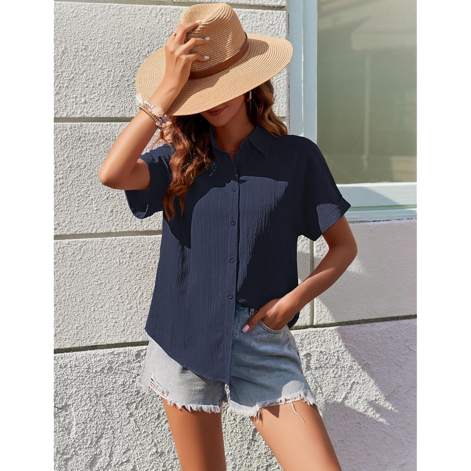 Womens Button Down Shirts Casual Short Sleeve Dress Shirt Textured Collared Summer Clothes Work Blouse