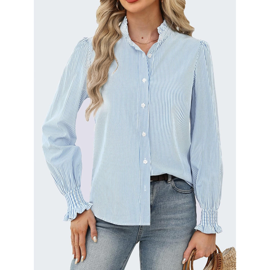 Women's Striped Button Down Shirts Long Sleeve Smocked Cuffed Ruffle Collar Blouses Spring Work Business Casual Tops