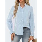 Women's Striped Button Down Shirts Long Sleeve Smocked Cuffed Ruffle Collar Blouses Spring Work Business Casual Tops