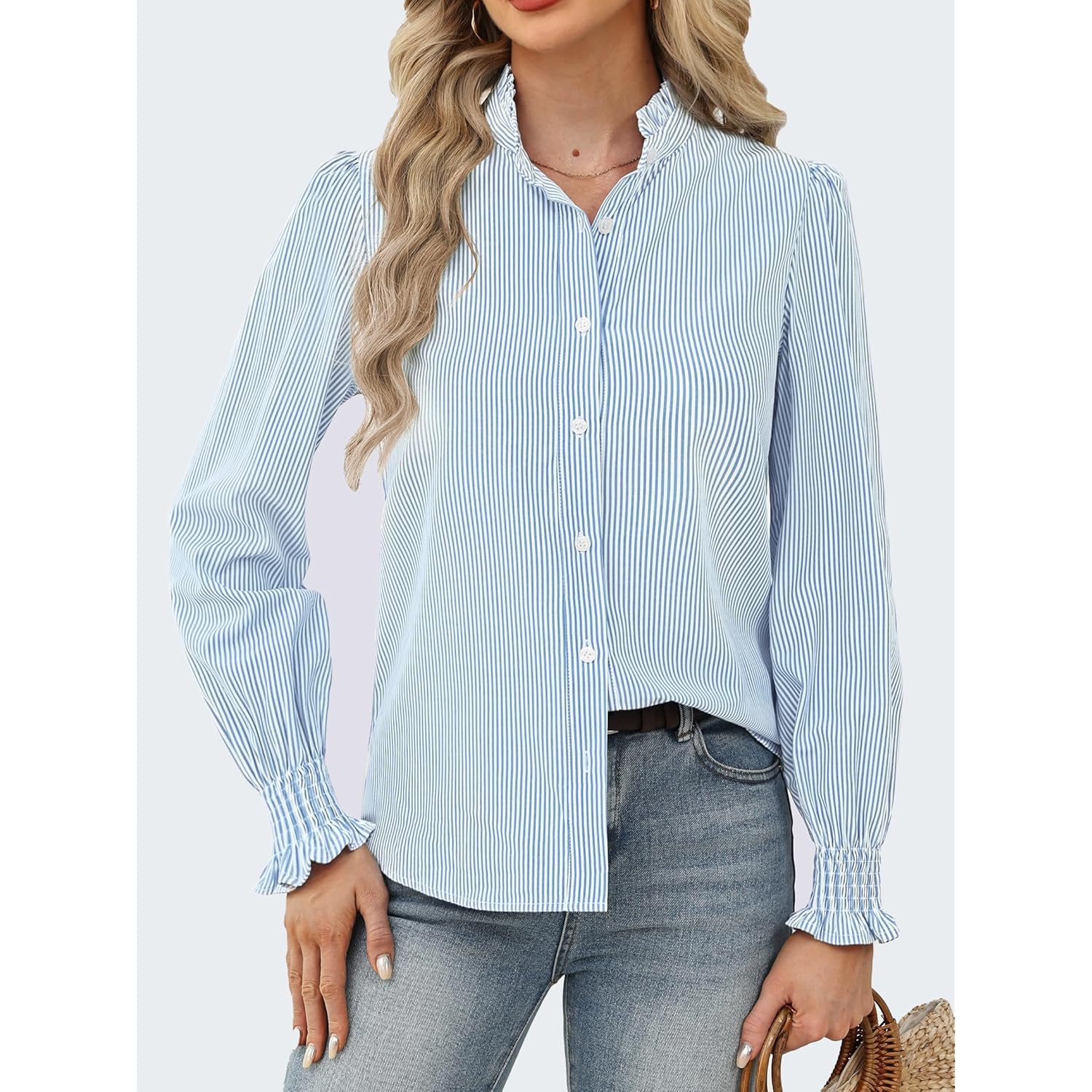 Women's Striped Button Down Shirts Long Sleeve Smocked Cuffed Ruffle Collar Blouses Spring Work Business Casual Tops