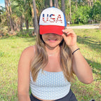 American Flag Trucker Hat USA Snapback Hat 4th of July Patriotic Hats for Men Women Red Blue White 2