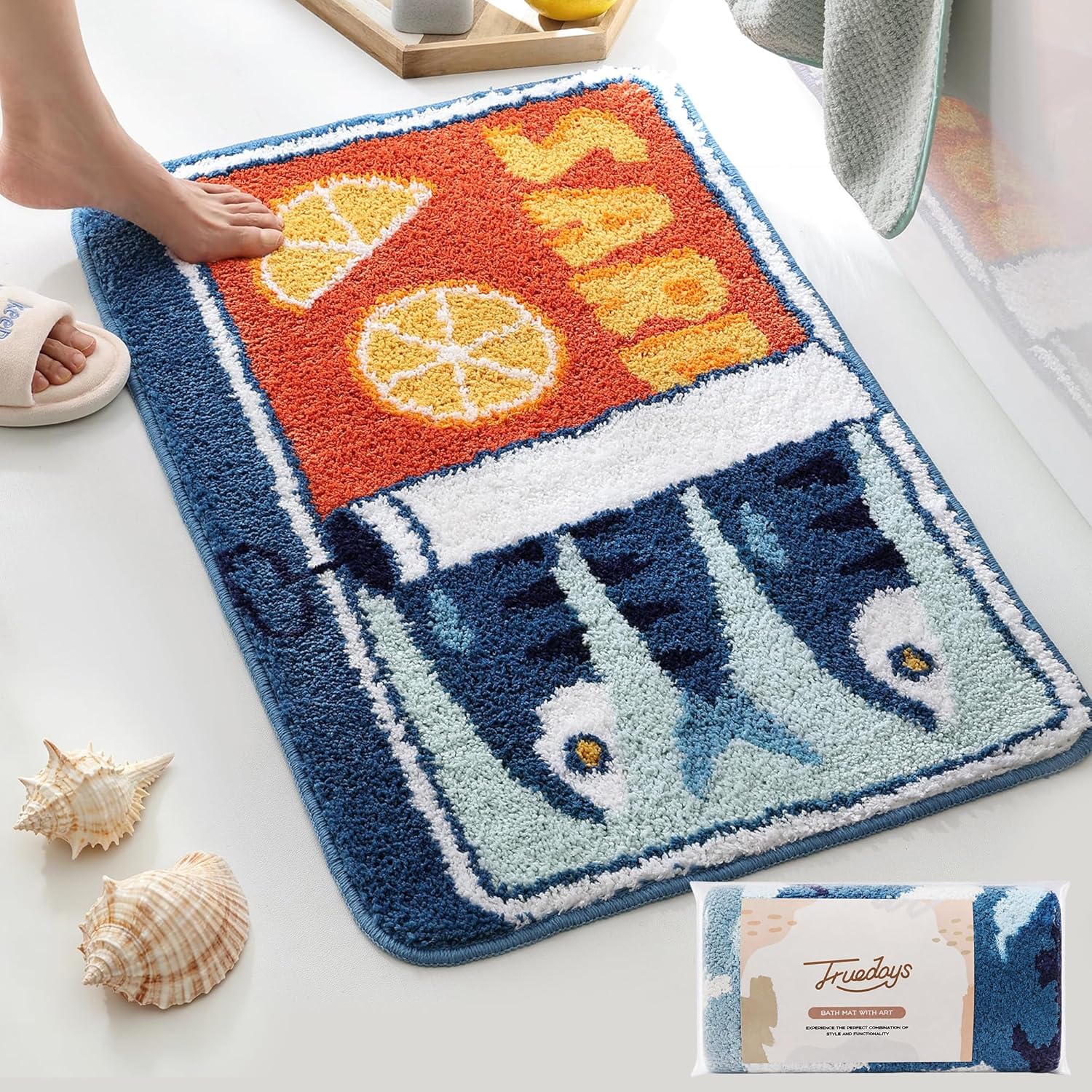 TRUEDAYS Sardine Can Bath Mat, Blue Bathroom Rugs for Bedroom, Soft Washable Rug Non Slip Cute Kitchen Bath Mats for Bathroom Funny Cartoon Fish and Lemon