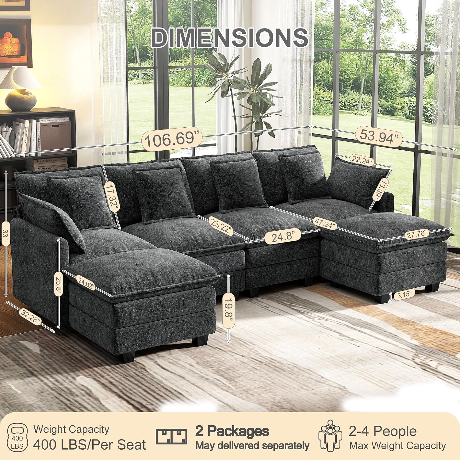 107" Cloud Couch Sectional, U Shaped Modular Sectional Sofa, 4-Seat Deep Seat Couch With 6 Removable Washable Pillows And 2 Ottoman For Living Room, Bedroom, Apartment, Black Grey