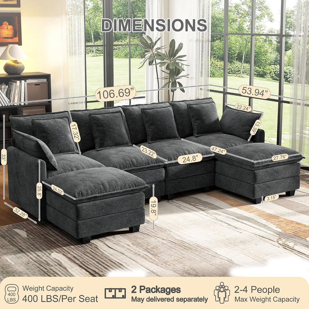 107" Cloud Couch Sectional, U Shaped Modular Sectional Sofa, 4-Seat Deep Seat Couch With 6 Removable Washable Pillows And 2 Ottoman For Living Room, Bedroom, Apartment, Black Grey