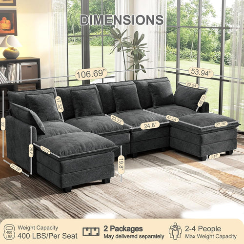107" Cloud Couch Sectional, U Shaped Modular Sectional Sofa, 4-Seat Deep Seat Couch With 6 Removable Washable Pillows And 2 Ottoman For Living Room, Bedroom, Apartment, Black Grey