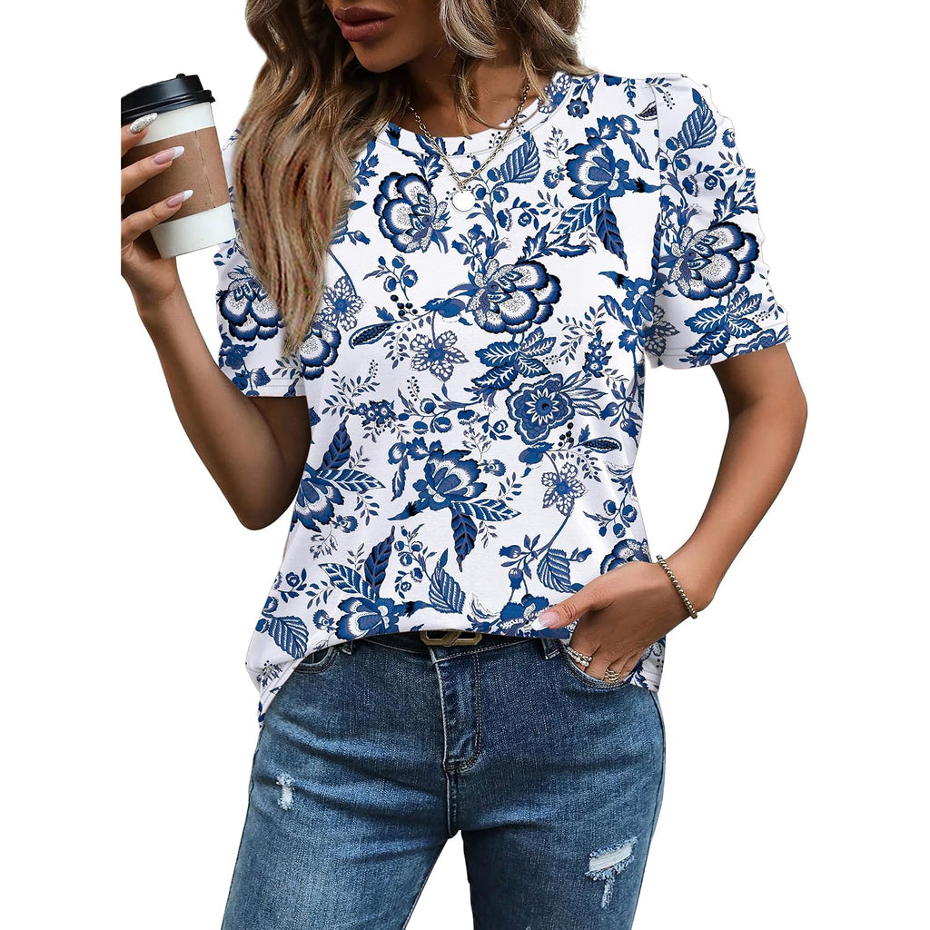 Wiholl Summer Tops For Women Puff Sleeve Crewneck T Shirts Dressy Casual Blouses Spring Outfits Fashion Clothes
