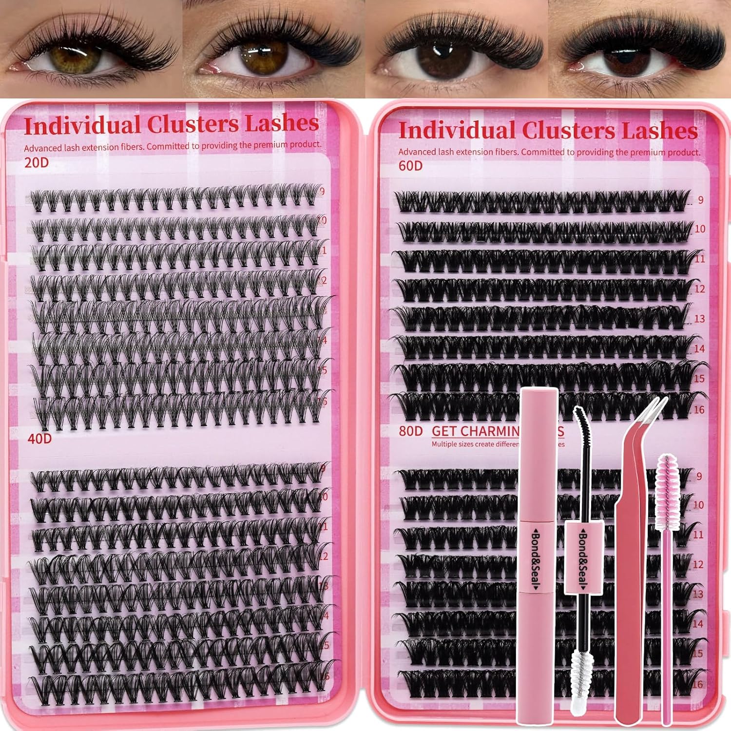 Lash Clusters Kit for Beginners Eyelash Clusters Kit Lashes Clusters Kit Cluster Lashes Pestañas Postizas Naturales with Lash Bond&Seal,Lash Tweezers,Brush RITALASH(640pcs 20D+40D+60D+80D Kit,9-16mm)
