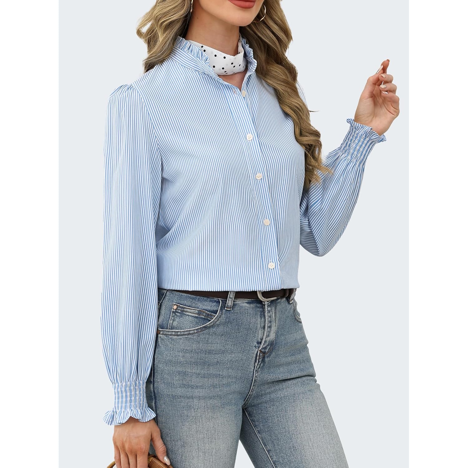 Women's Striped Button Down Shirts Long Sleeve Smocked Cuffed Ruffle Collar Blouses Spring Work Business Casual Tops