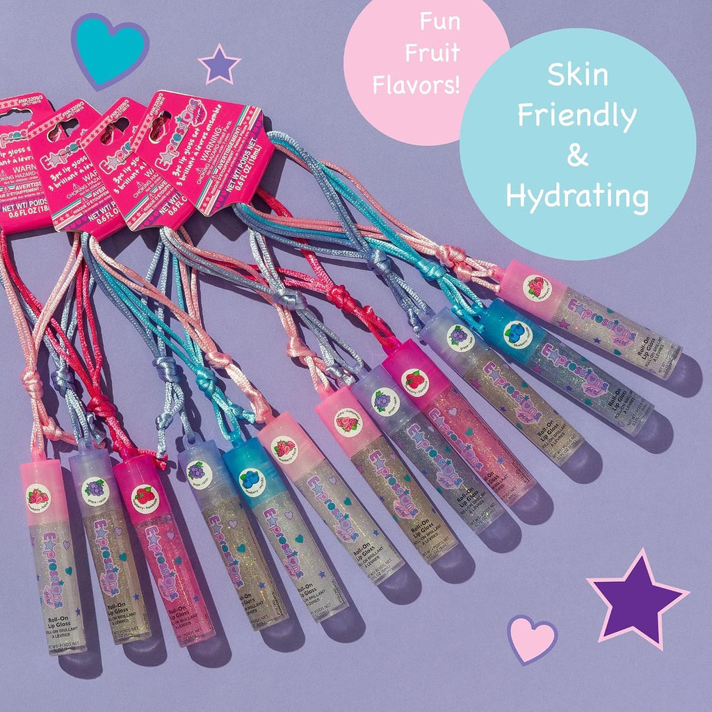 12Pc Fruit Flavored Lip Gloss Necklace Set - Non-Toxic Wearable Lip Gloss | Fun Party Favors For Teen Girls & Kids. Lip Gloss Necklace Gift Set For Girls & Best Friends - Fun