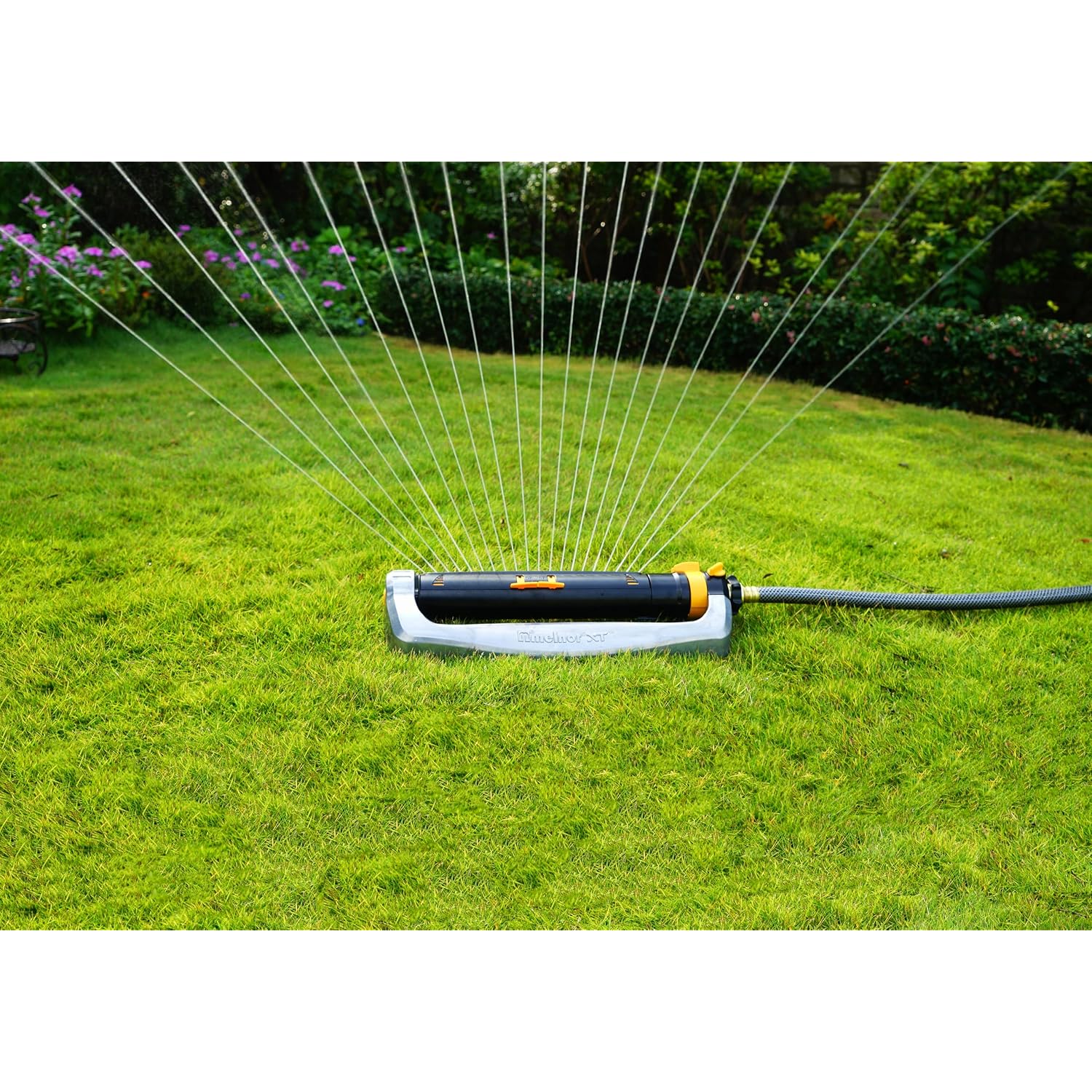 Melnor 65154Amz Xt Turbo Oscillating Sprinkler, Metal Base, 4,500 Sq. Ft., Quick Connect Bundle, 3-Way Adjustable, Black, Yellow