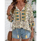 Women Summer Boho Tops 3/4 Sleeve Pleated Blouses Casual V Neck Tie Front Spring Tunic Tops
