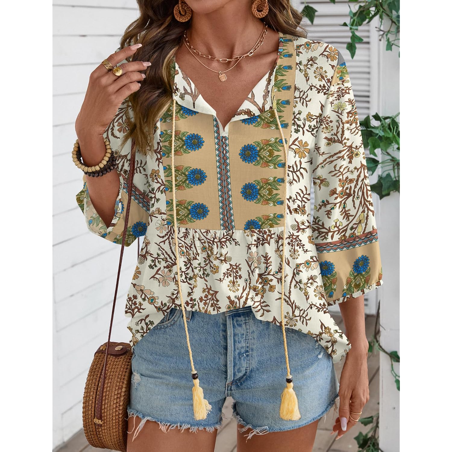 Women Summer Boho Tops 3/4 Sleeve Pleated Blouses Casual V Neck Tie Front Spring Tunic Tops