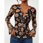 Button Down Shirts for Women 2026 Spring Boho Tops V Neck Long Sleeve Blouses Ruched Mesh Fitted Fashion Clothing