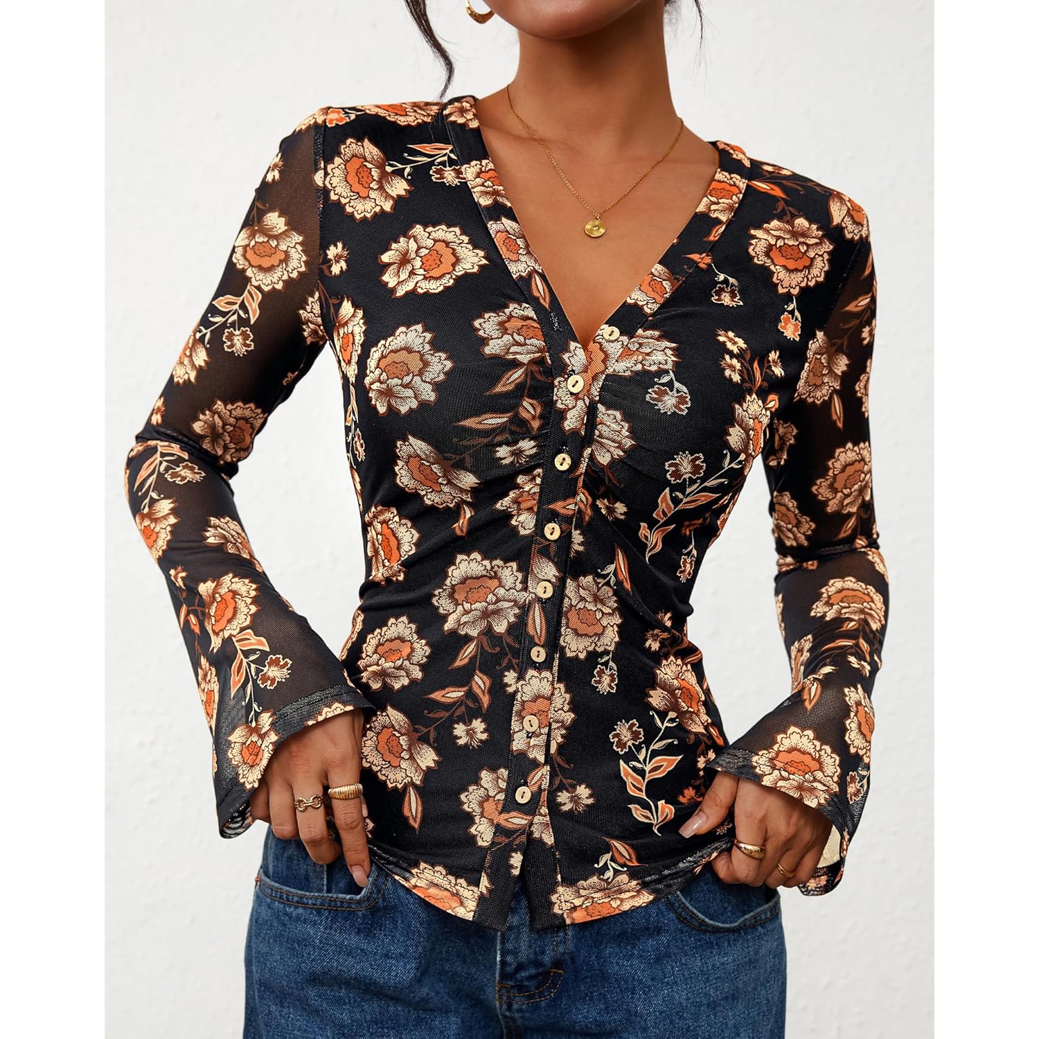 Button Down Shirts for Women 2026 Spring Boho Tops V Neck Long Sleeve Blouses Ruched Mesh Fitted Fashion Clothing