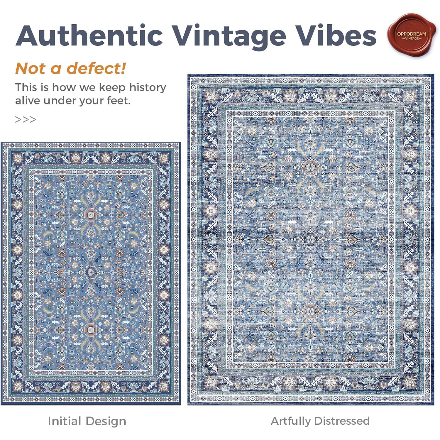 Oppodream Vintage Blue Area Rugs 5X7, 5 X 7 Retro Washable Rug Non Slip, Low-Pile Faux Wool Carpet, Distressed Navy Floor Mat For Living Room, Bedroom, Kitchen, Office, Dorm, Dinning Room