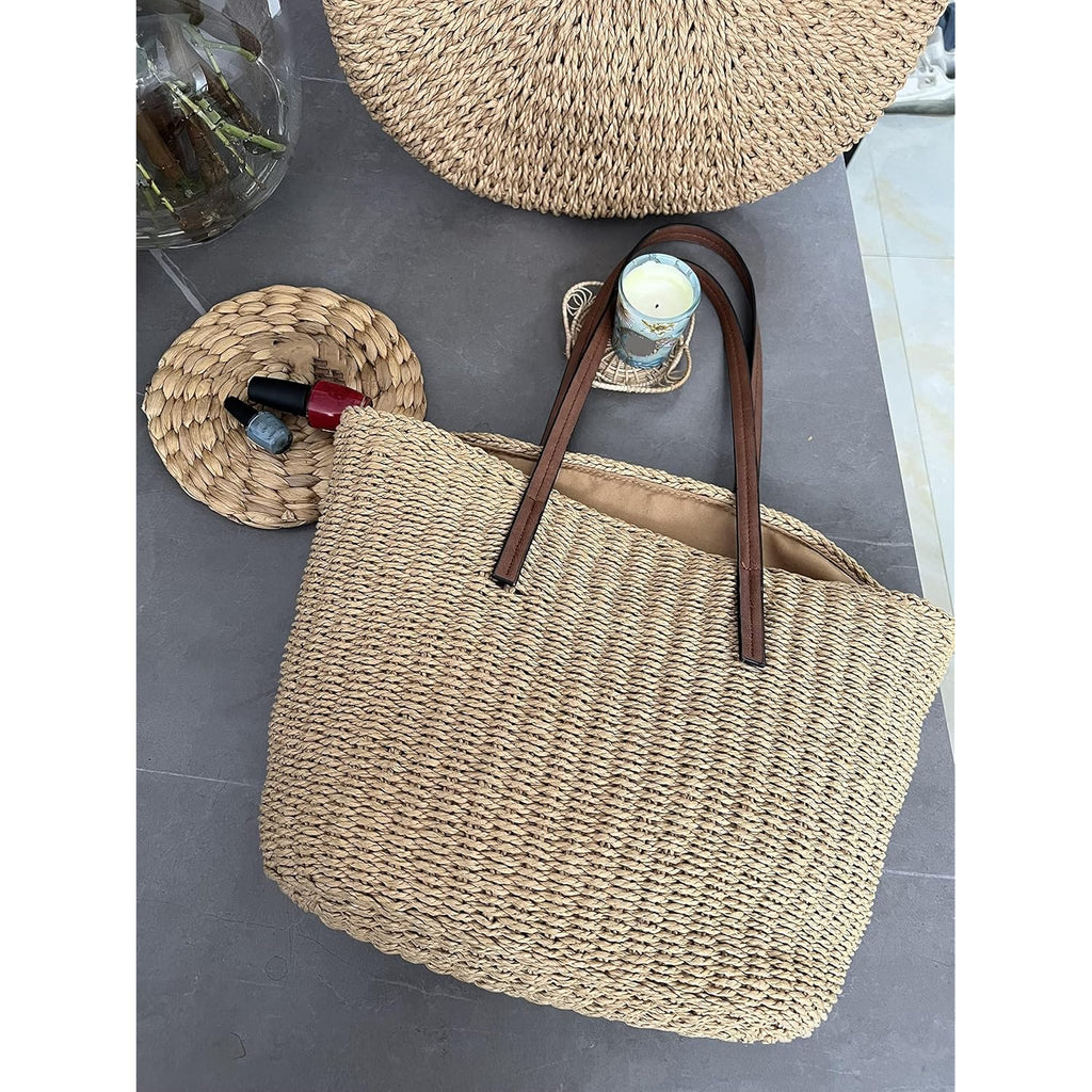 YXILEE Straw Bags For Women | M Size Travel Straw Totes Bag Woven Summer Handmade Shoulder Bag Handbag