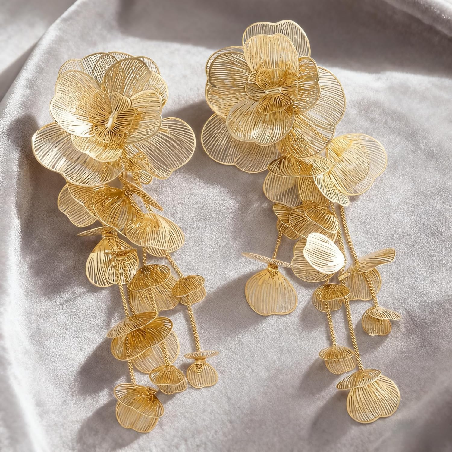 Gold Silver Filigree Floral Dangle Earrings for Women, Long Drop Statement Earrings for Vintage Wedding Jewelry