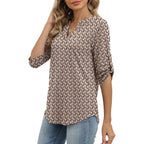 Xieerduo 3/4 Length Sleeve Womens Tops V Neck T Shirts Both Side Buttons Blouses Business Casual Outfits Loose Fit