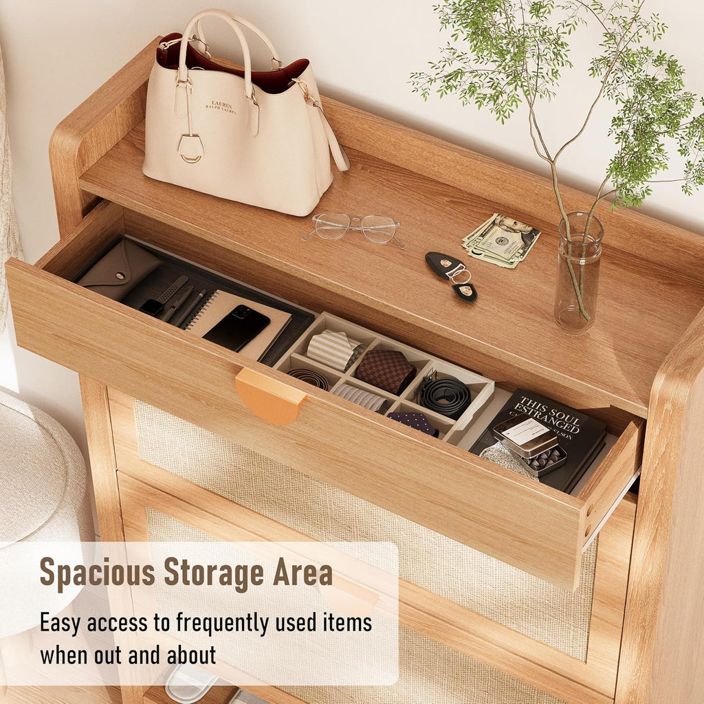 Rattan Shoe Storage Cabinet, Shoe Organizer With 2 Flip Drawers, Narrow Shoe Cabinet, Free Standing Hidden Shoe Storage, Shoe Rack For Entryway/Hallway/Closet, Natural Oak