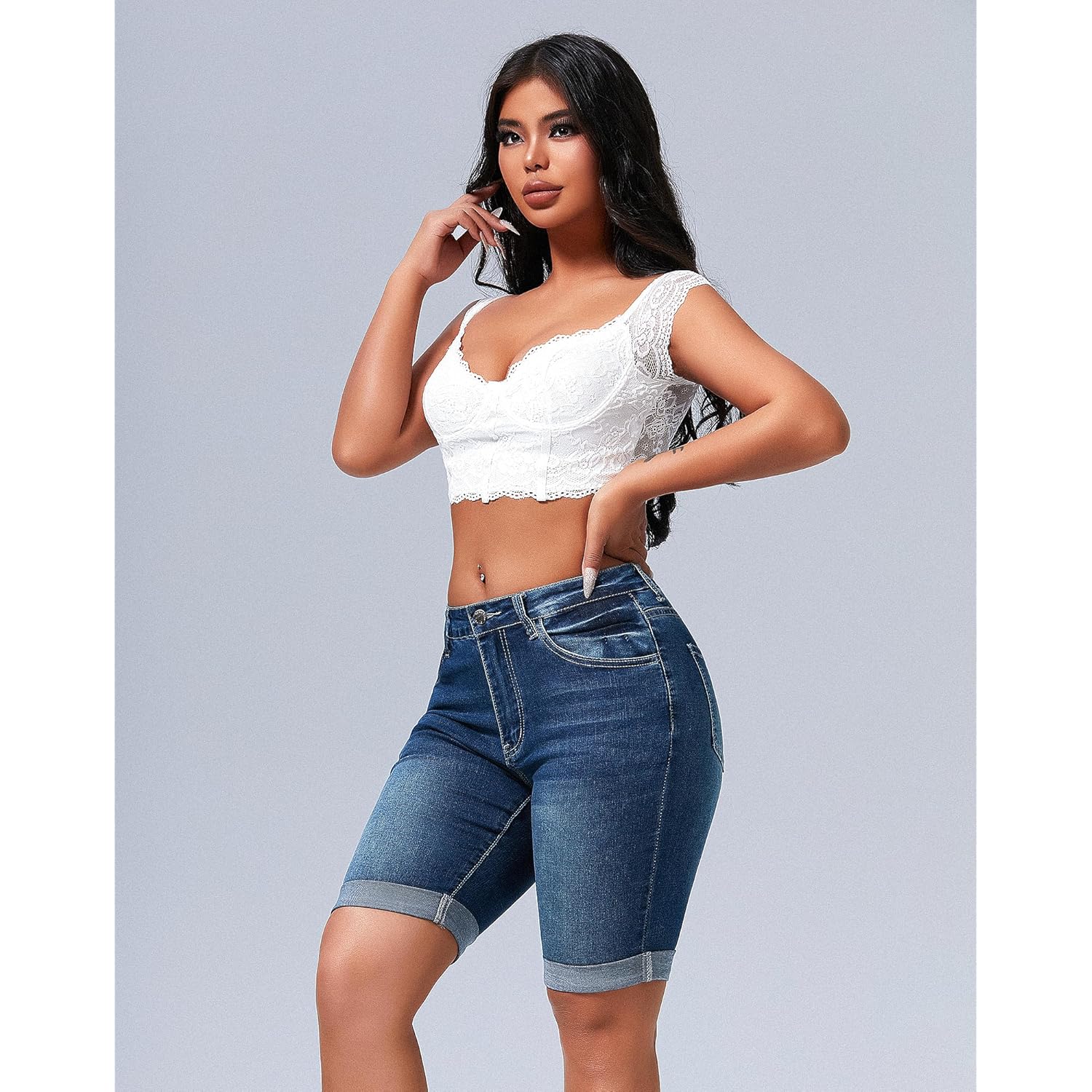 Womens Mid Rise Roll Cuff Bermuda Stretch Denim Jean Shorts