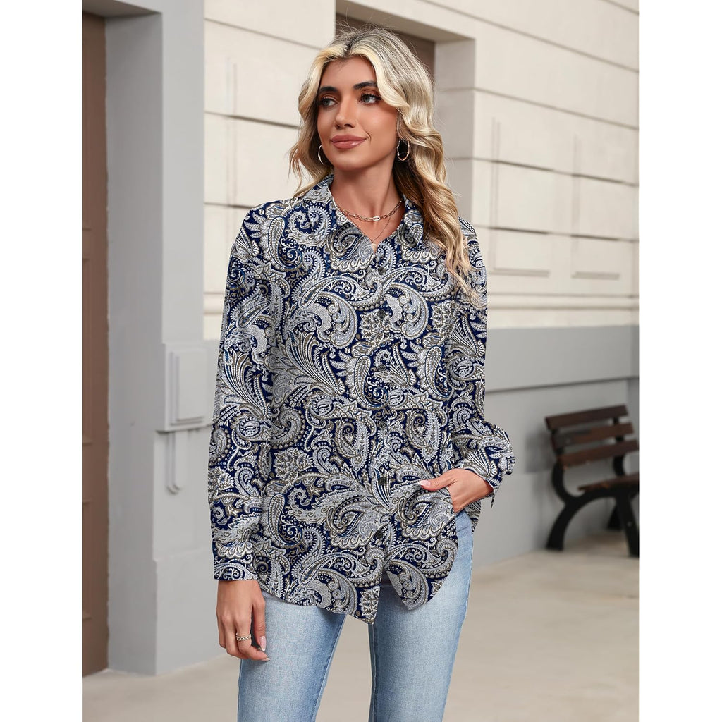 Button Down Shirts for Women Dressy Casual Floral Printed Collared Chiffon Blouse Long Sleeve Business Work Tops