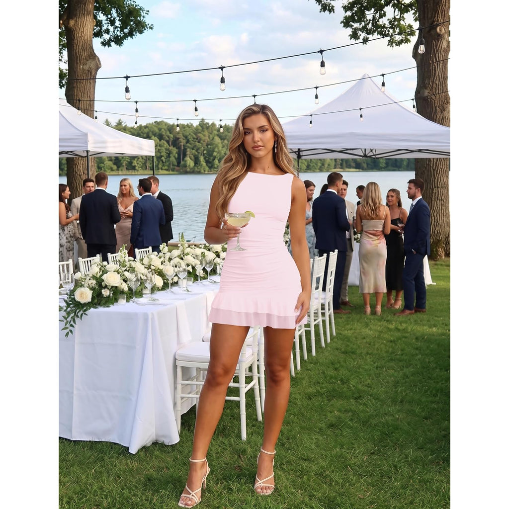 Women Summer Sleeveless Mini Dress Ruffle Hem Sexy Bodycon Short Tank Dresses Boat Neck Party Club Ruched Dress 2026