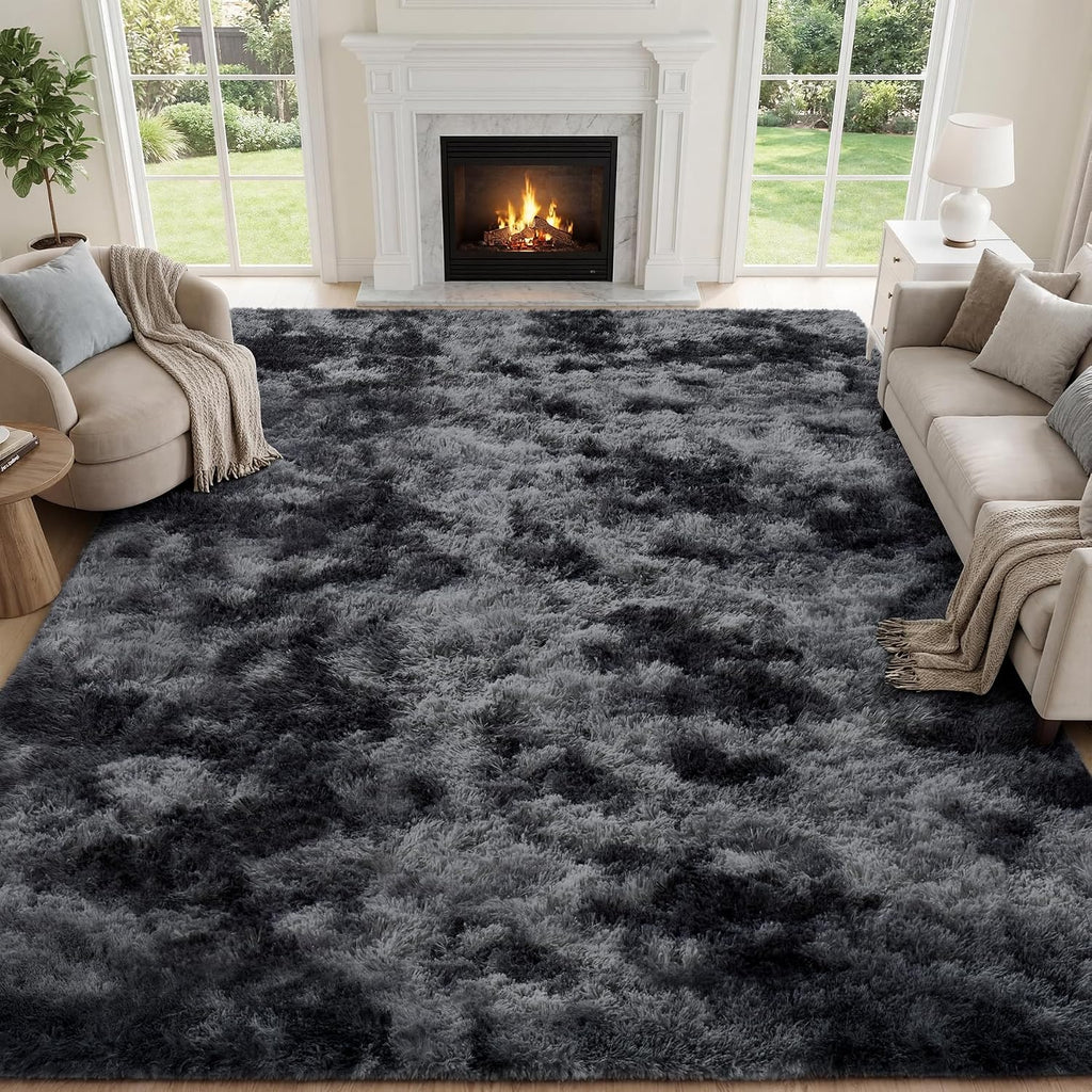 8X10 Area Rugs For Living Room Bedroom: Black Grey Soft Fluffy Shag Upgrade Non-Slip High Pile Carpet Large Fuzzy Plush Indoor Floor Decor Shaggy Rug For Kid Boys Girls Playroom Nursery Modern Home