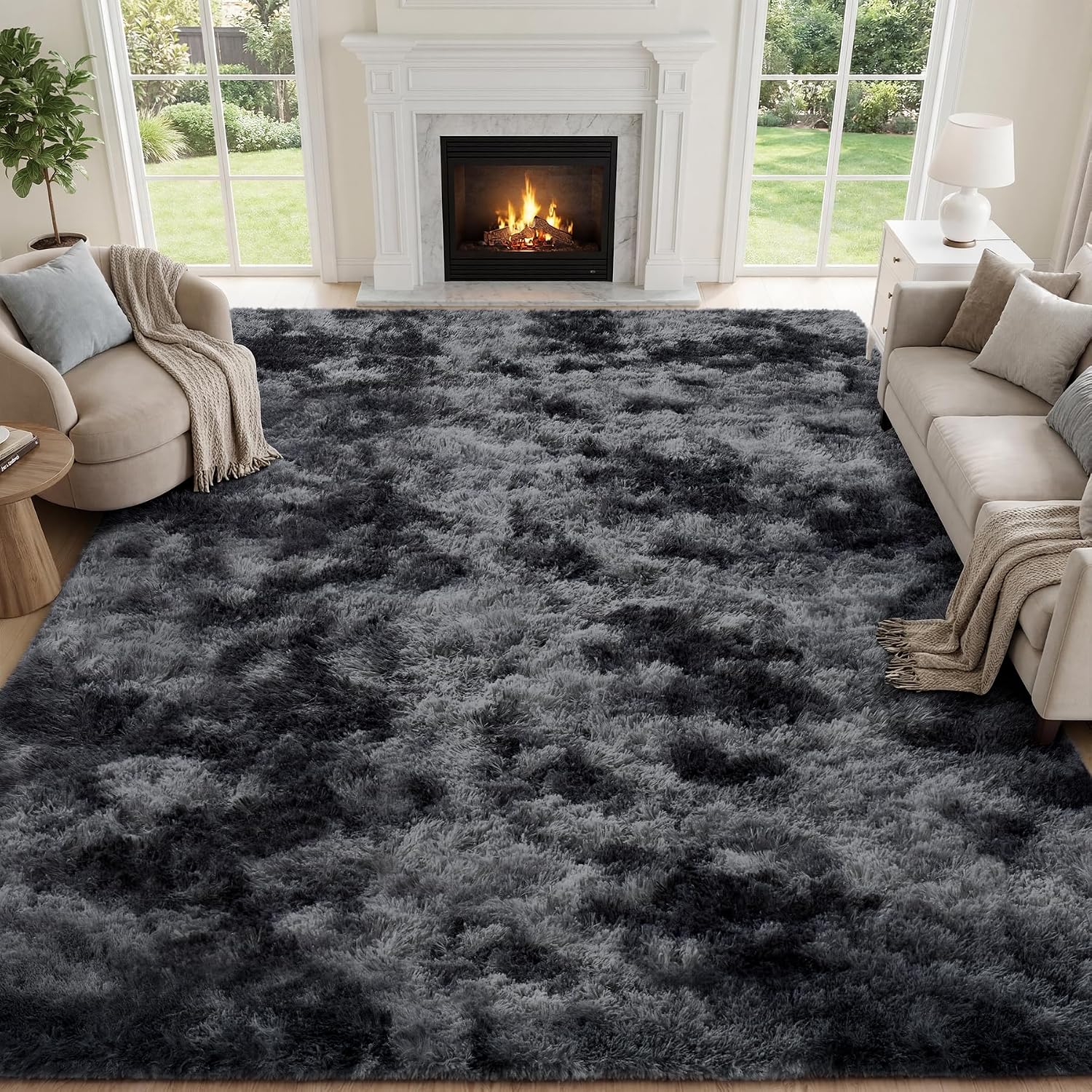 8X10 Area Rugs For Living Room Bedroom: Black Grey Soft Fluffy Shag Upgrade Non-Slip High Pile Carpet Large Fuzzy Plush Indoor Floor Decor Shaggy Rug For Kid Boys Girls Playroom Nursery Modern Home