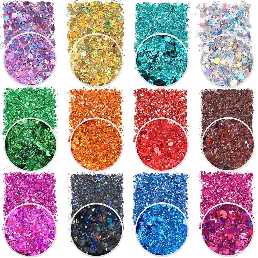 Holographic Chunky Glitter Sequins, 12 Colors Mixed Cosmetic Glitter For Face Body Eye Hair Nail Art Lip Gloss Makeup, Festival Glitter With Different Hexagons Size And Stars (Laser Mix)