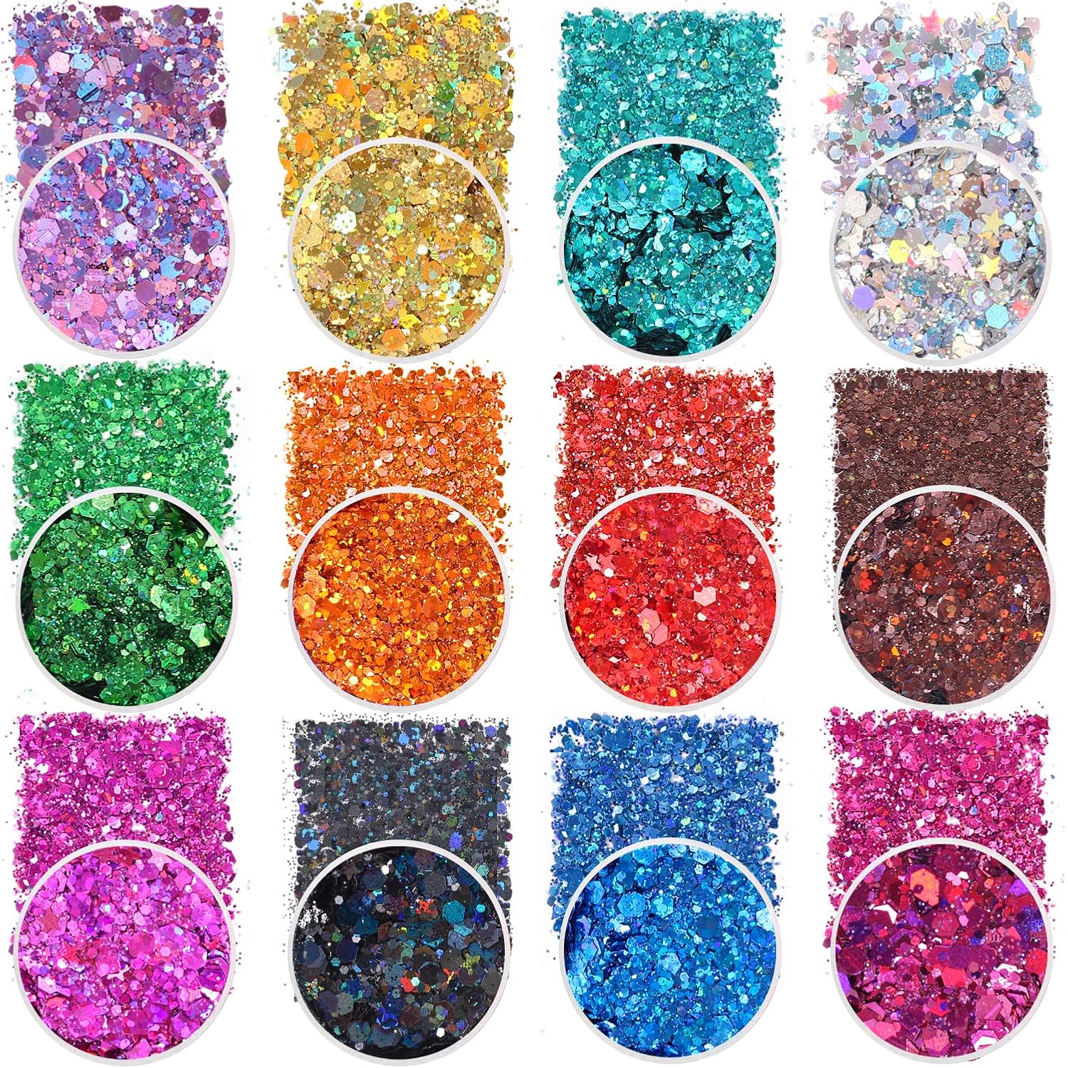 Holographic Chunky Glitter Sequins, 12 Colors Mixed Cosmetic Glitter For Face Body Eye Hair Nail Art Lip Gloss Makeup, Festival Glitter With Different Hexagons Size And Stars (Laser Mix)