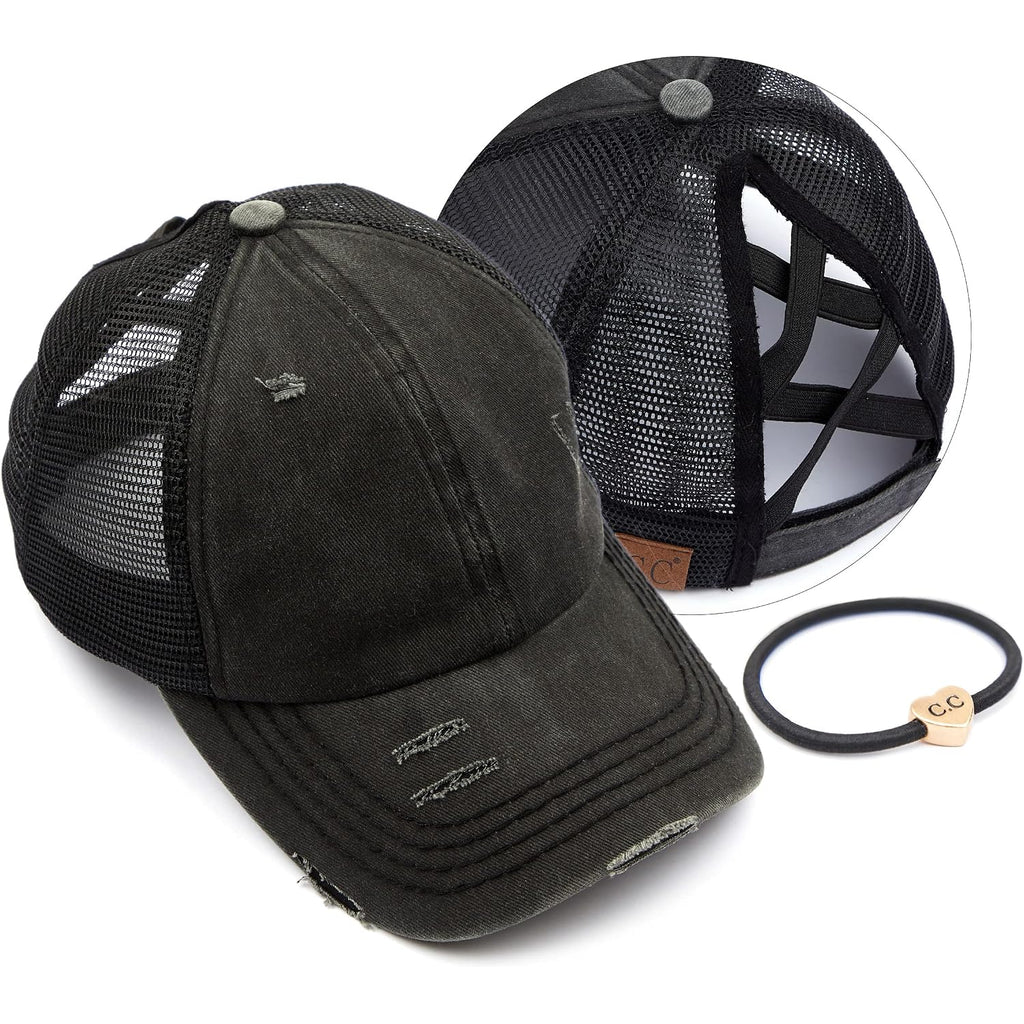 C.C Ponycap Messy High Bun Ponytail Adjustable Glitter Mesh Trucker Baseball Cap A Elastic Band-black