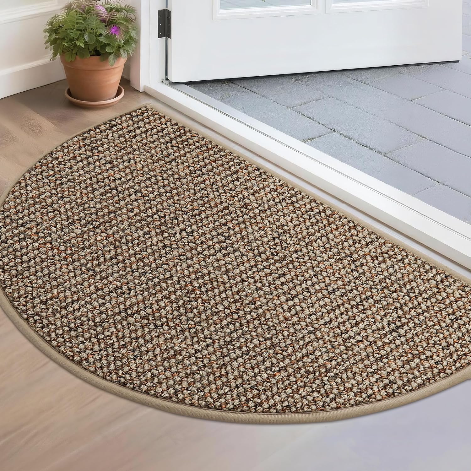 Beqhause Dirt Trapper Door Mat 17" X 30" Half Circle Non Slip Rug, Taupe | Washable Indoor Door Mat, Absorbent Doormats Entrance, Low Profile Welcome Floor Mat For Front Back Door, Small Rugs Entryway