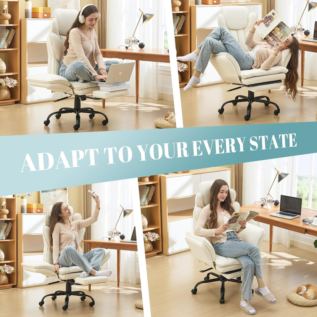 Flip Armrests Criss Cross Office Chair, Reclining Office Chair With Foot Rest, Adjustable Headrest, Massage Waist Pillow, Cross Legged Big And Tall Desk Chair Wide Seat Vanity Chair, White Pu Leather