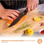 Masterchef Knife Set With Block, 6 Kitchen Knives And A Universal Knife Holder, Extra Sharp Stainless Steel Blades For Precise Cutting With Non Stick Coating & Soft Touch Easy Grip Handles, Black