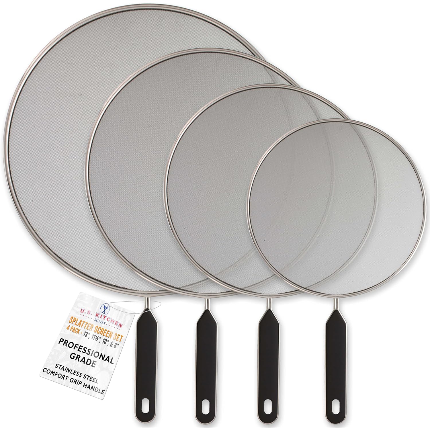 U.S. Kitchen Supply 4-Piece Stainless Steel Splatter Guard Set (13", 11.5", 10",8”) Fine Mesh Cover, Grease & Oil, Splatter Screen For Frying Pan, Cooking Pots, With Comfort Grip Handles
