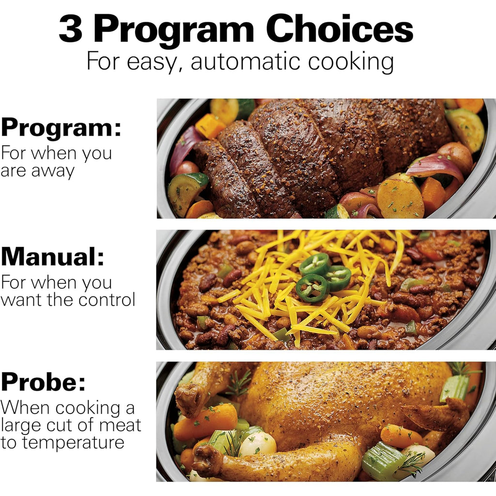 Hamilton Beach Portable 6 Quart Set & Forget Digital Programmable Slow Cooker with Lid Lock, Temperature Probe, Dishwasher Safe Crock & Lid, Stainless Steel (33969A)