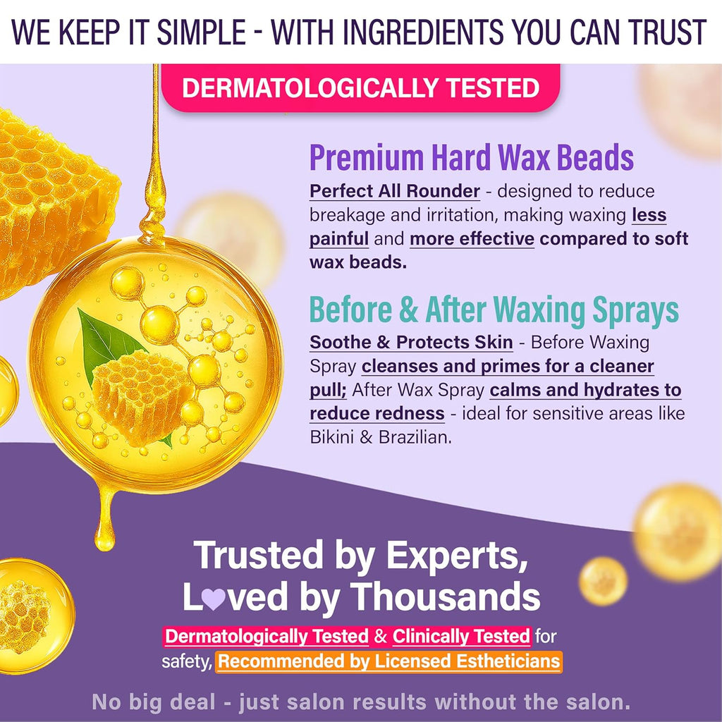 Tress Wellness Waxing Kit for Sensitive Skin, Safe for Face & Skin, Prep & Aftercare Spray, Easy to Use, At-Home Kit for Face, Bikini, Brazilian & Full Body - Digital Display, Black Purple Flower