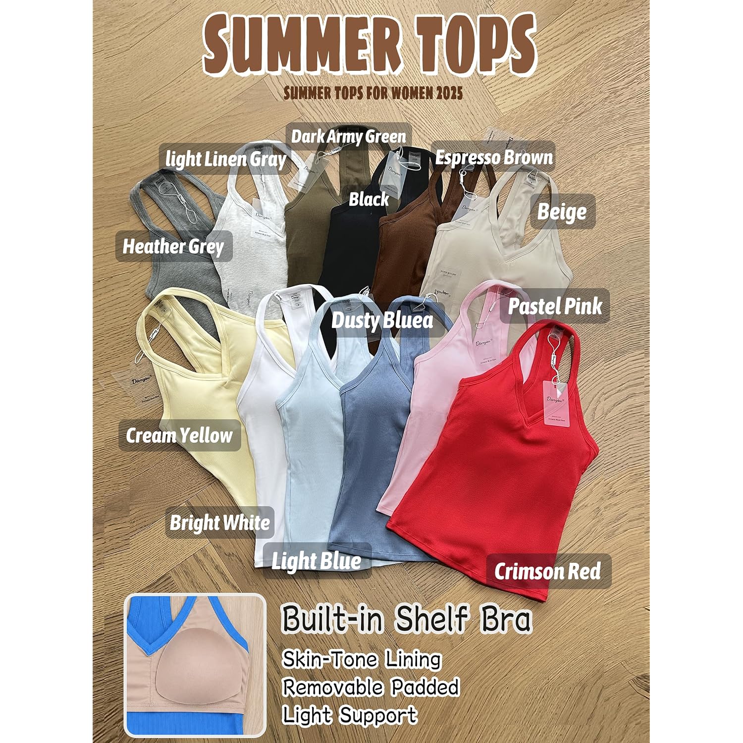 Danysu V Neck Cotton Tank Tops with Built-in Shelf Bra Sleeveless Racerback Fitted Basic Cami Shirts