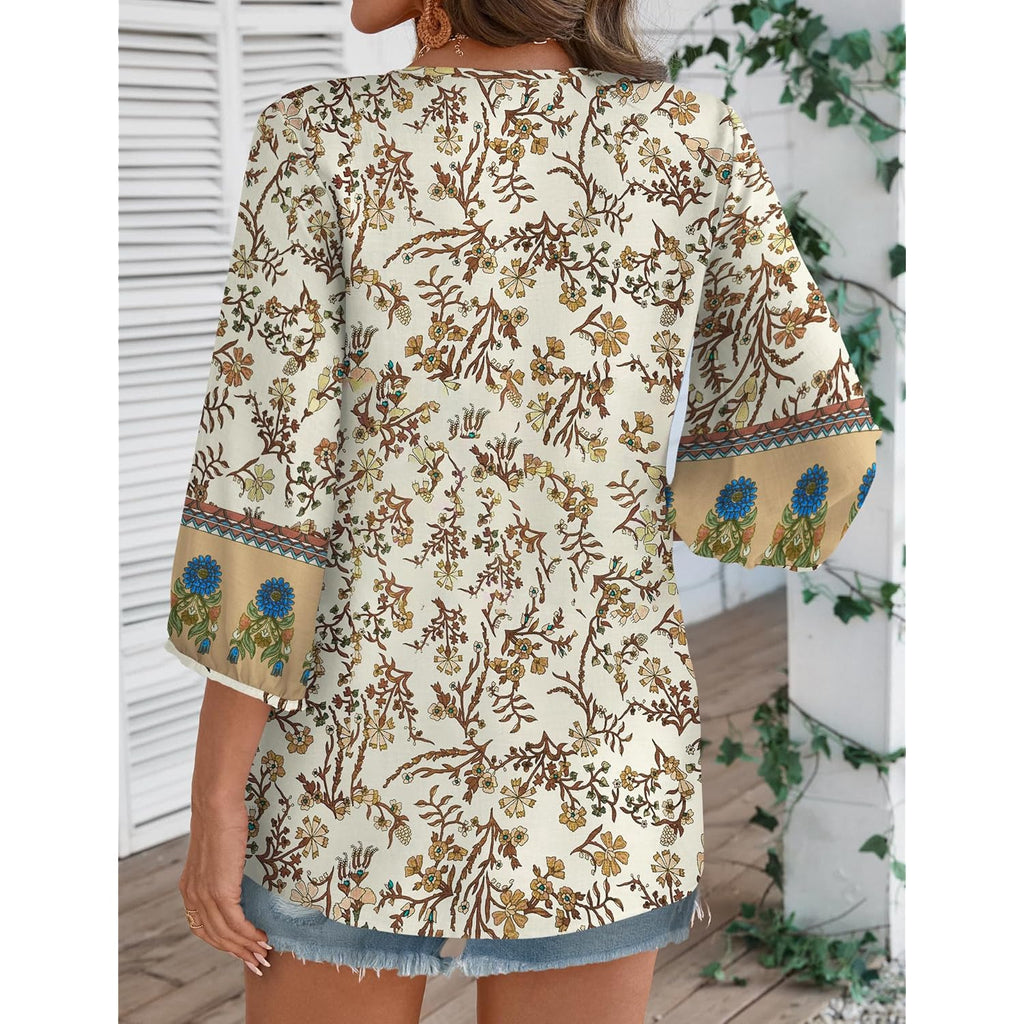 Women Summer Boho Tops 3/4 Sleeve Pleated Blouses Casual V Neck Tie Front Spring Tunic Tops