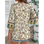 Women Summer Boho Tops 3/4 Sleeve Pleated Blouses Casual V Neck Tie Front Spring Tunic Tops