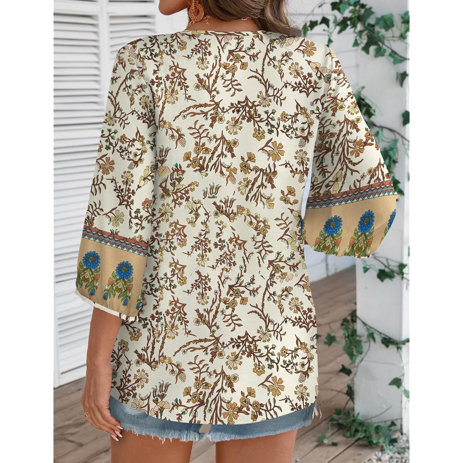Women Summer Boho Tops 3/4 Sleeve Pleated Blouses Casual V Neck Tie Front Spring Tunic Tops