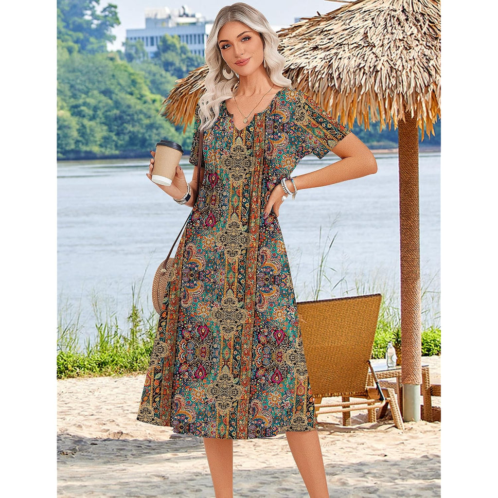 Zeagoo Summer Dresses For Women 2026 Casual Short Sleeve Aline Midi Dress With Pocket Flowy Pleated Tshirt Beach Sundress