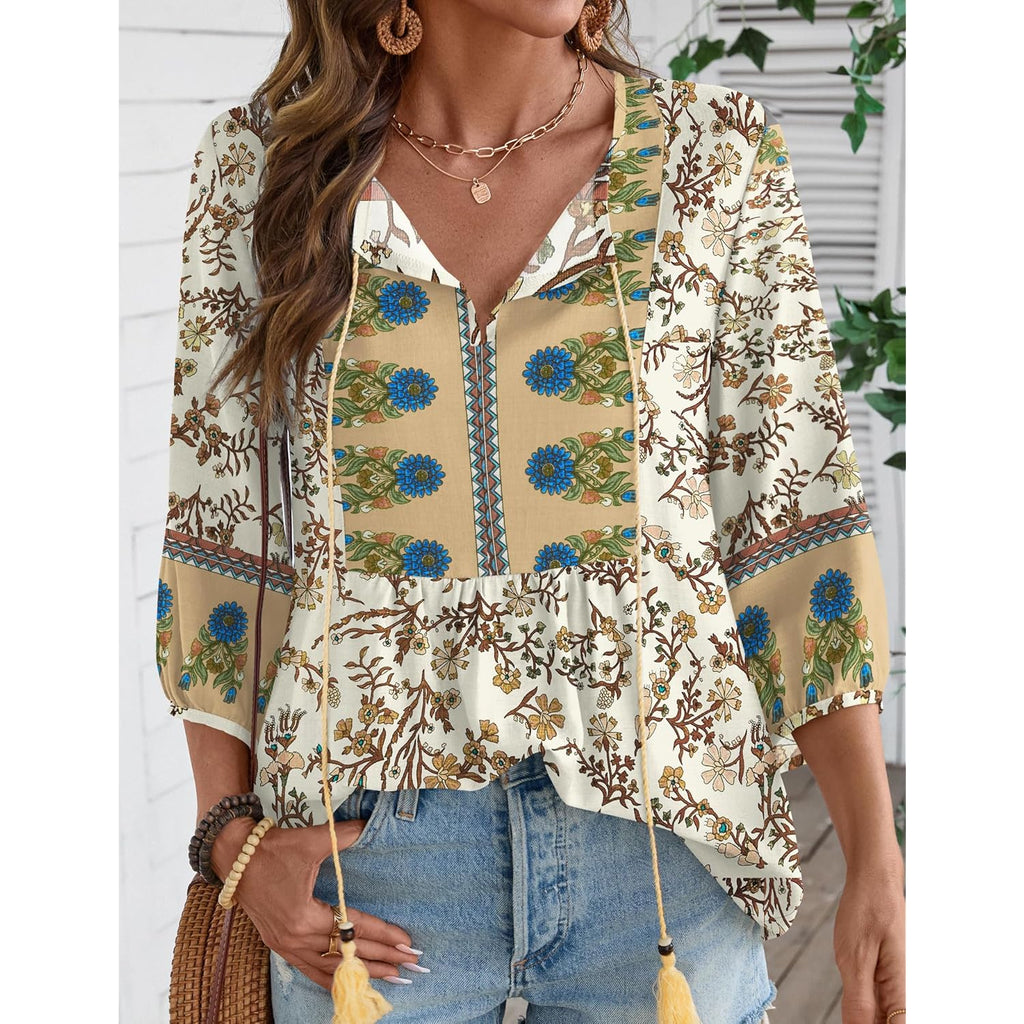 Women Summer Boho Tops 3/4 Sleeve Pleated Blouses Casual V Neck Tie Front Spring Tunic Tops