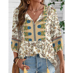 Women Summer Boho Tops 3/4 Sleeve Pleated Blouses Casual V Neck Tie Front Spring Tunic Tops