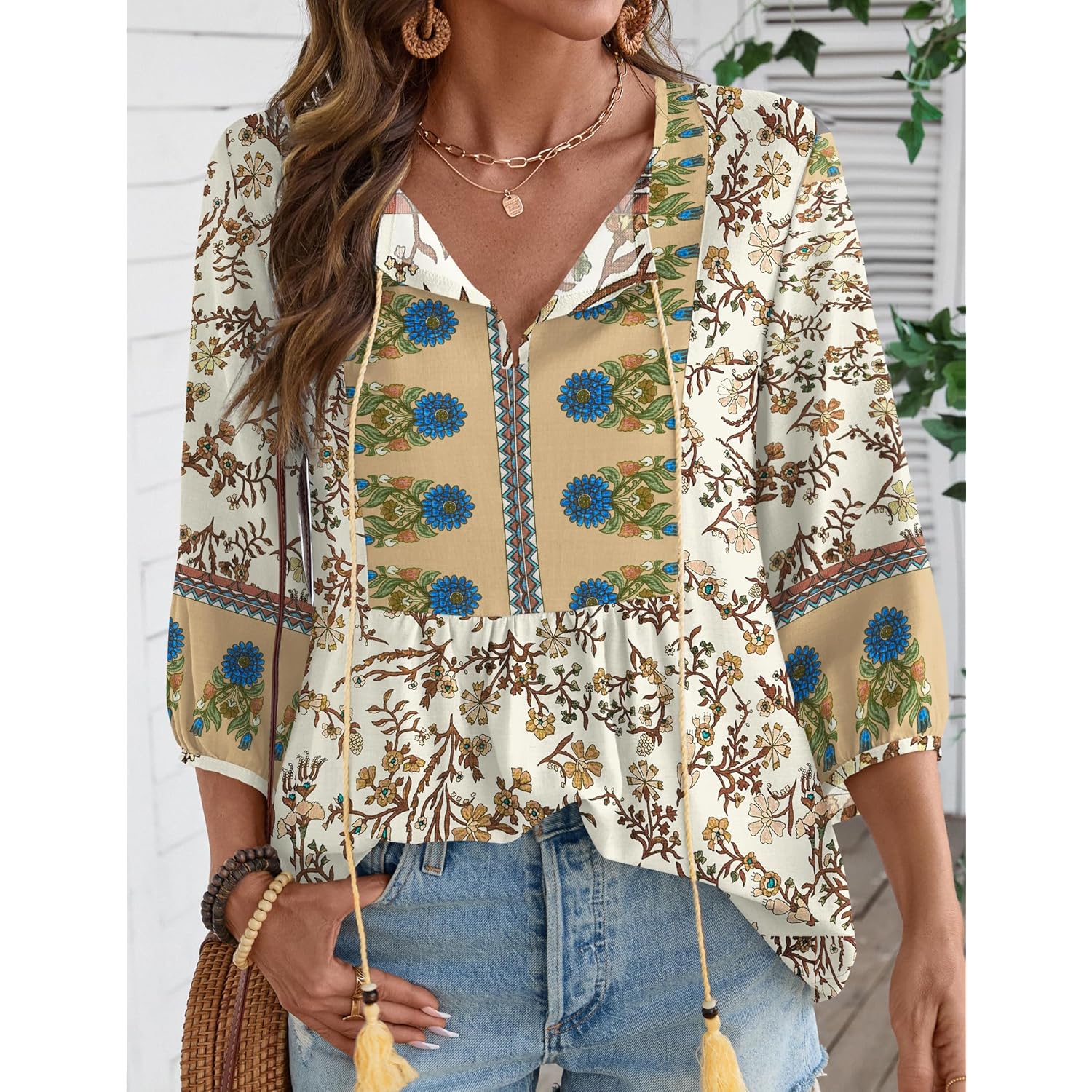 Women Summer Boho Tops 3/4 Sleeve Pleated Blouses Casual V Neck Tie Front Spring Tunic Tops
